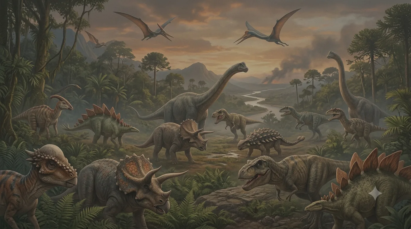 An imagined Late Cretaceous scene with Tyrannosaurus, Triceratops, Ankylosaurus, and other dinosaurs